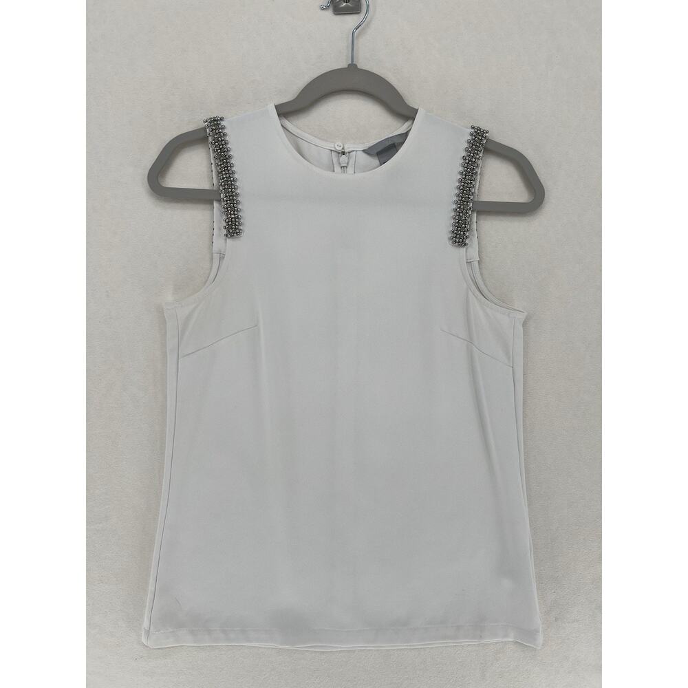 H&M White Sleeveless Blouse Beaded Shoulder Top Womens Size 4 Career Chic